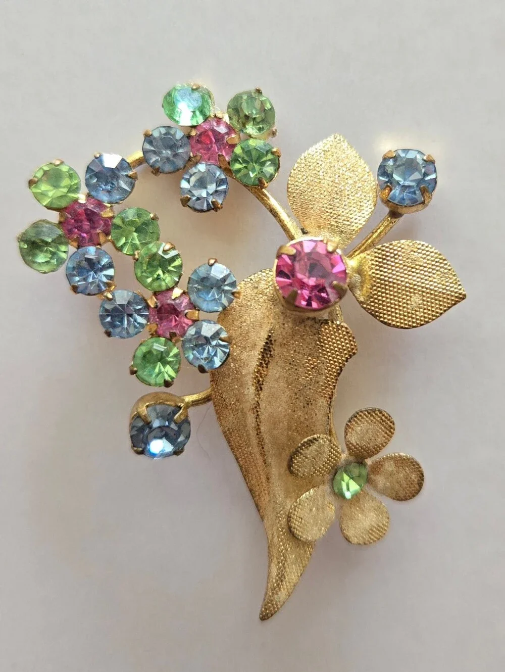 Vintage Flower Bouquet Brooch Multicolored Uranium Rhinestones Glows